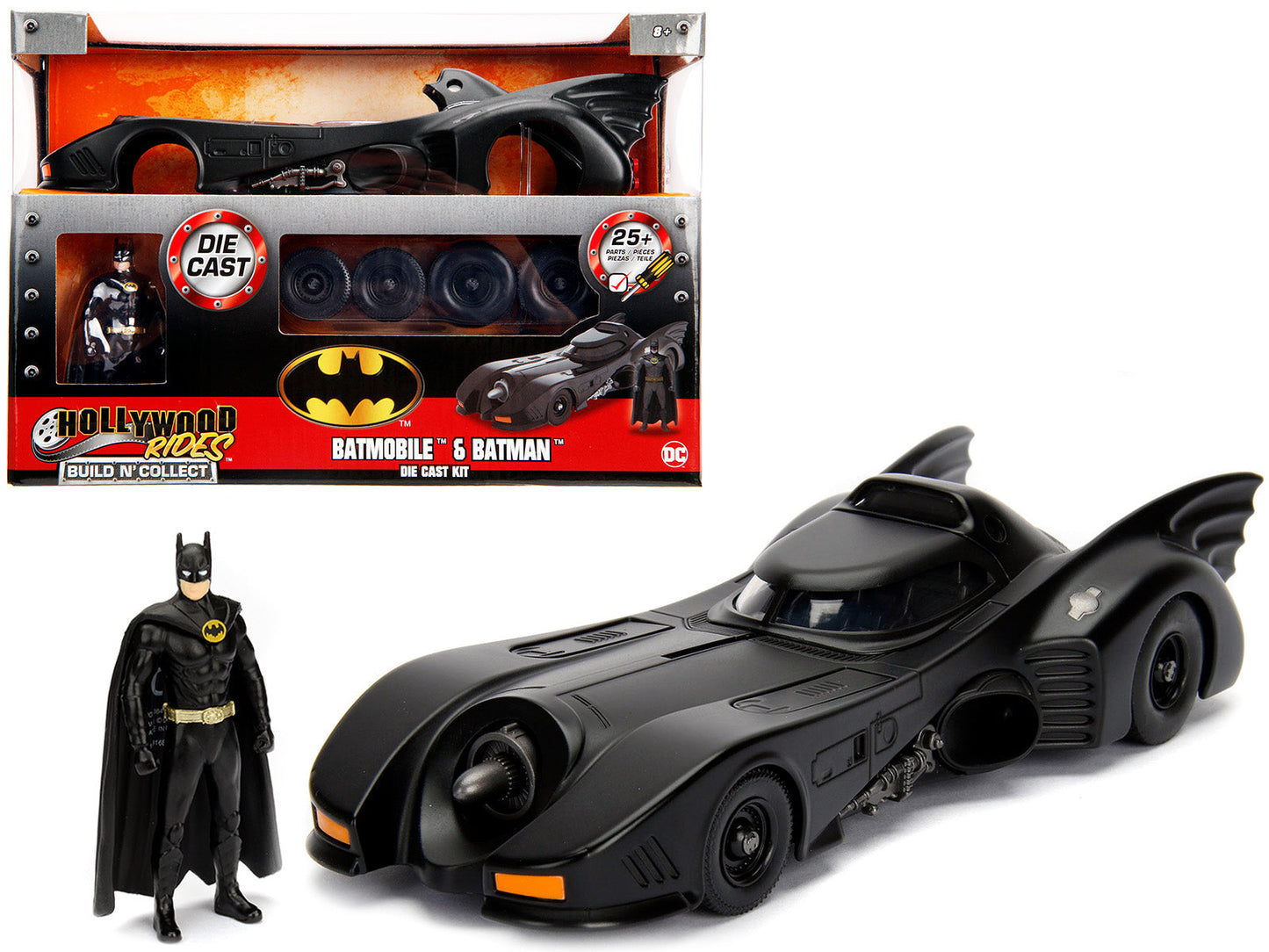 Model Kit Batmobile Matt Black with Batman Diecast Figurine "Batman" (1989) Movie "Build N' Collect" 1/24 Diecast Model Car