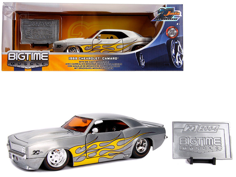 1969 Chevrolet Camaro Raw Metal with Yellow Flames "Bigtime Muscle" "Jada 20th Anniversary" 1/24 Diecast Model Car