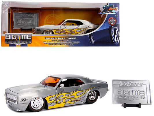 1969 Chevrolet Camaro Raw Metal with Yellow Flames "Bigtime Muscle" "Jada 20th Anniversary" 1/24 Diecast Model Car