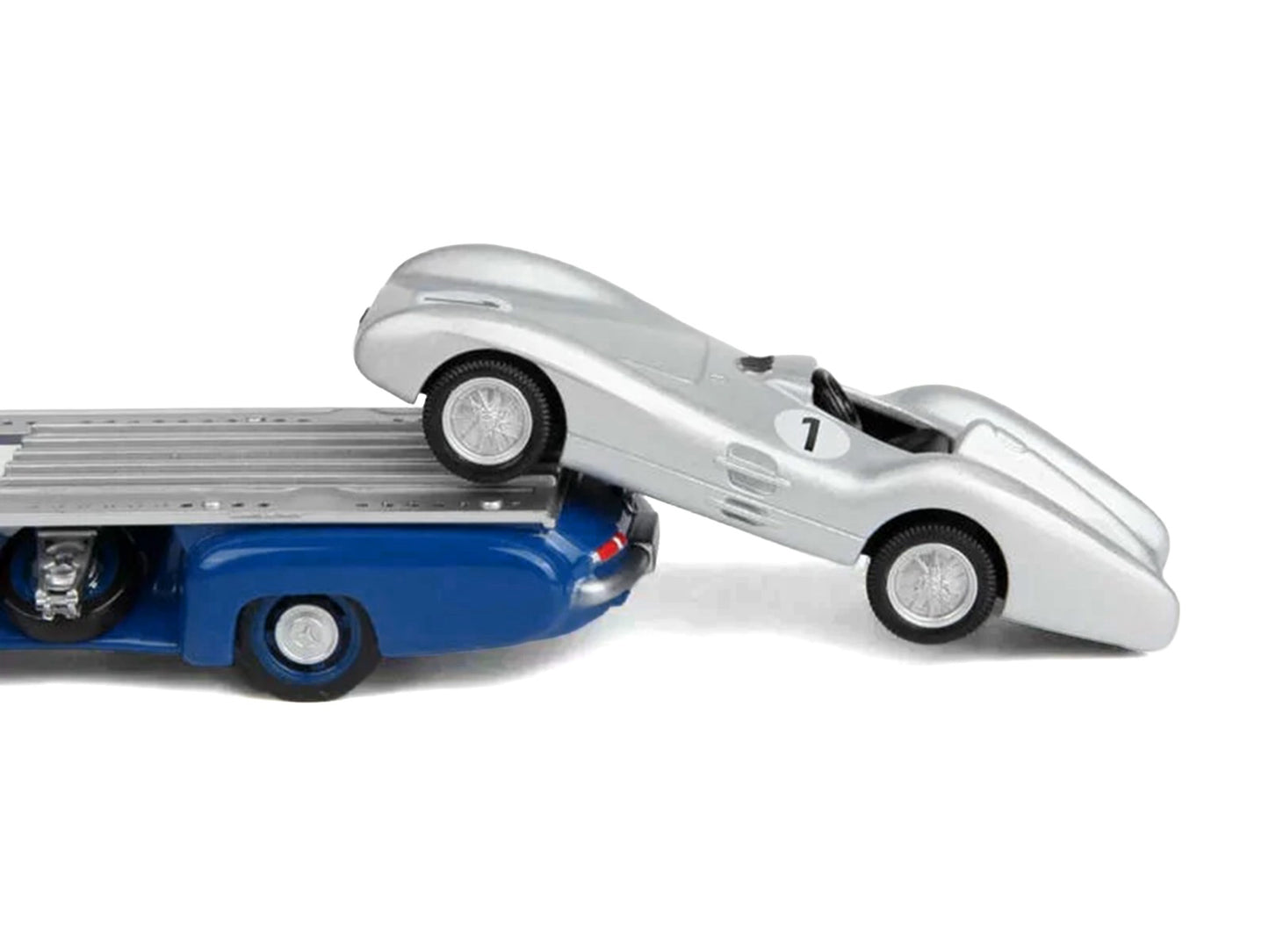 Mercedes-Benz Renntransporter Flatbed Truck Blue and 1954 Mercedes-Benz W196 #1 Silver Metallic 1/64 Diecast Model Car