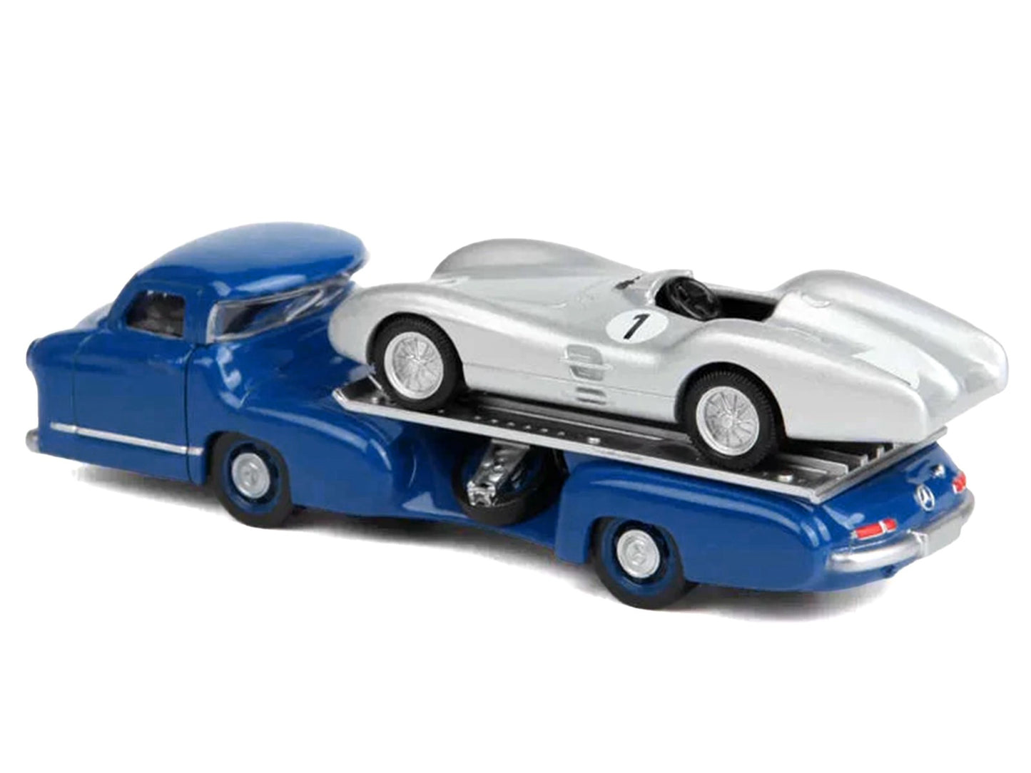 Mercedes-Benz Renntransporter Flatbed Truck Blue and 1954 Mercedes-Benz W196 #1 Silver Metallic 1/64 Diecast Model Car