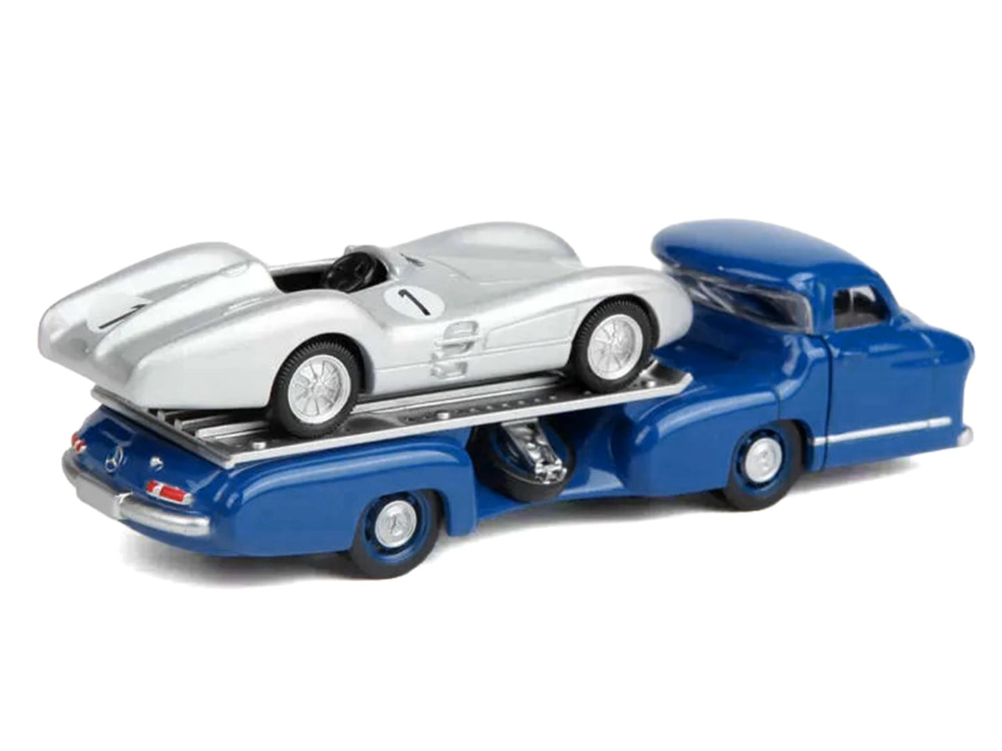 Mercedes-Benz Renntransporter Flatbed Truck Blue and 1954 Mercedes-Benz W196 #1 Silver Metallic 1/64 Diecast Model Car