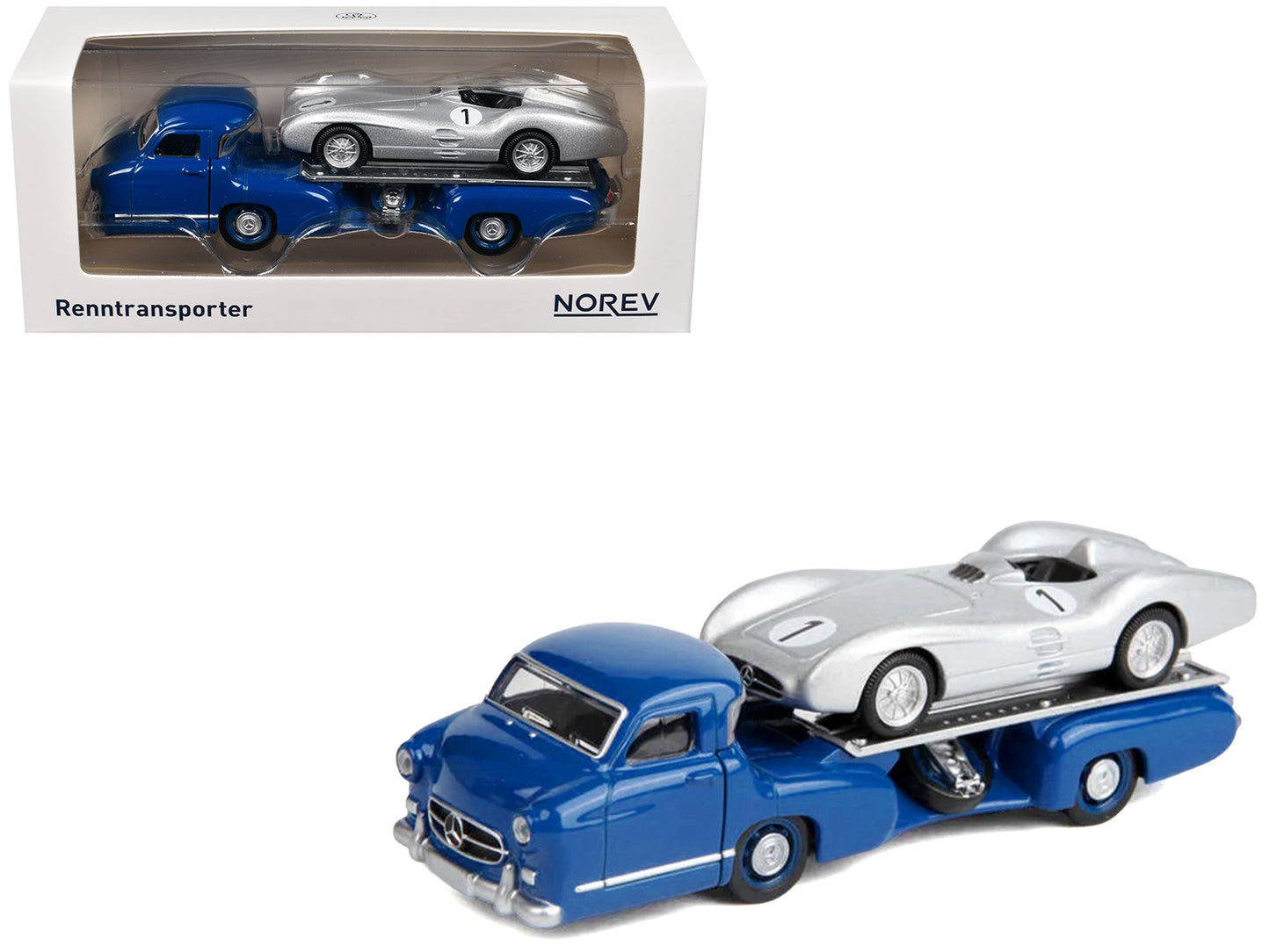 Mercedes-Benz Renntransporter Flatbed Truck Blue and 1954 Mercedes-Benz W196 #1 Silver Metallic 1/64 Diecast Model Car