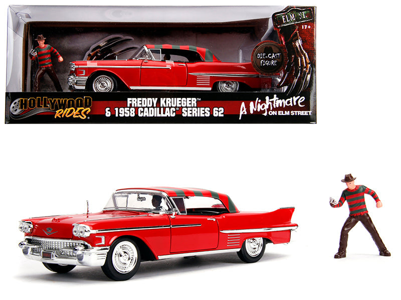 1958 Cadillac Series 62 Red with Freddy Krueger Diecast Figurine "A Nightmare on Elm Street" Movie 1/24 Diecast Model Car