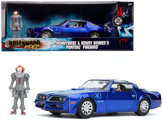 Henry Bower's Pontiac Firebird Trans Am Candy Blue with Pennywise Diecast Figurine "It Chapter Two" (2019) Movie 1/24 Diecast Model Car