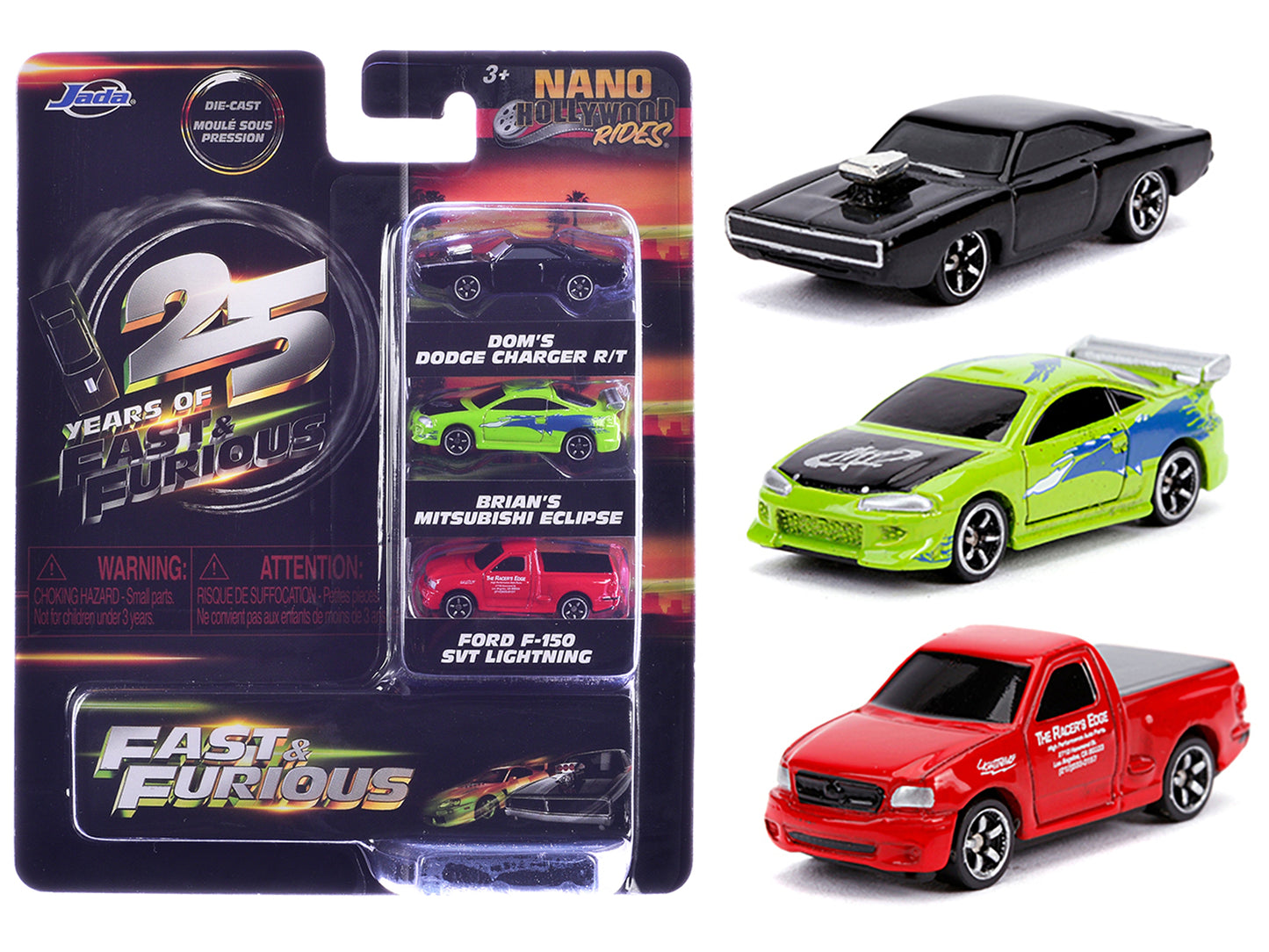 "Fast & Furious 25th Anniversary" 3 piece Set #1 "Nano Hollywood Rides" Diecast Model Cars