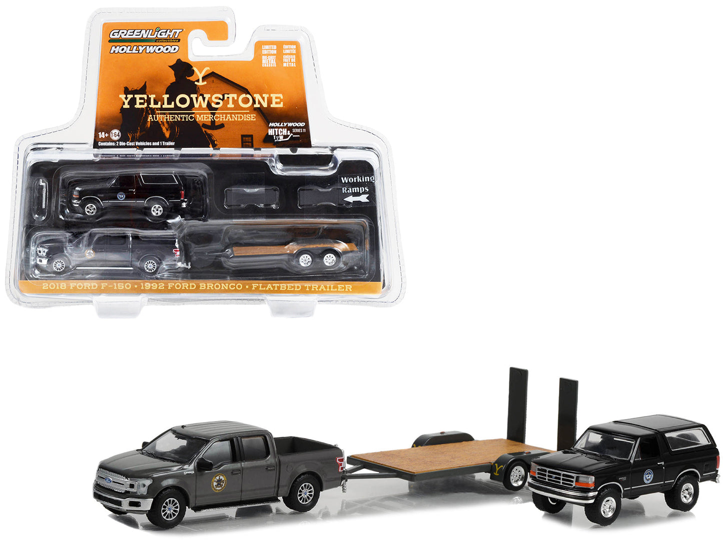2018 Ford F-150 Pickup Truck Gray with 1992 Ford Bronco "Montana Livestock Association" Black and Flatbed Car Trailer "Yellowstone" (2018-Current) TV Series "Hollywood Hitch & Tow" Series 11 1/64 Diecast Model Cars