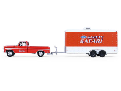 1969 Ford F-250 Pickup Truck Red and 1969 Chevrolet Camaro Z28 "Dan Fletcher" Orange with White Hood "NHRA Safety Team" with Enclosed Car Trailer "Racing Hitch & Tow" Series 6 1/64 Diecast Model Cars