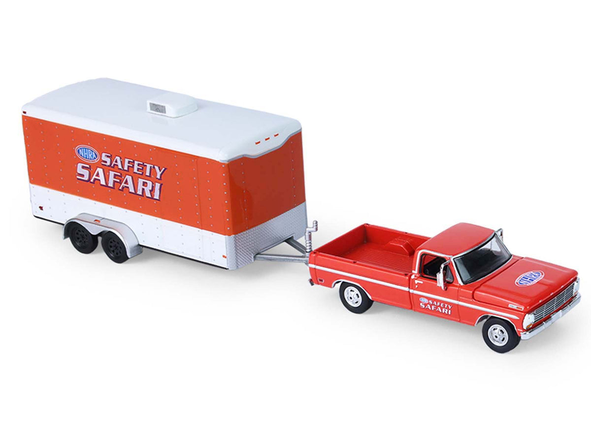 1969 Ford F-250 Pickup Truck Red and 1969 Chevrolet Camaro Z28 "Dan Fletcher" Orange with White Hood "NHRA Safety Team" with Enclosed Car Trailer "Racing Hitch & Tow" Series 6 1/64 Diecast Model Cars