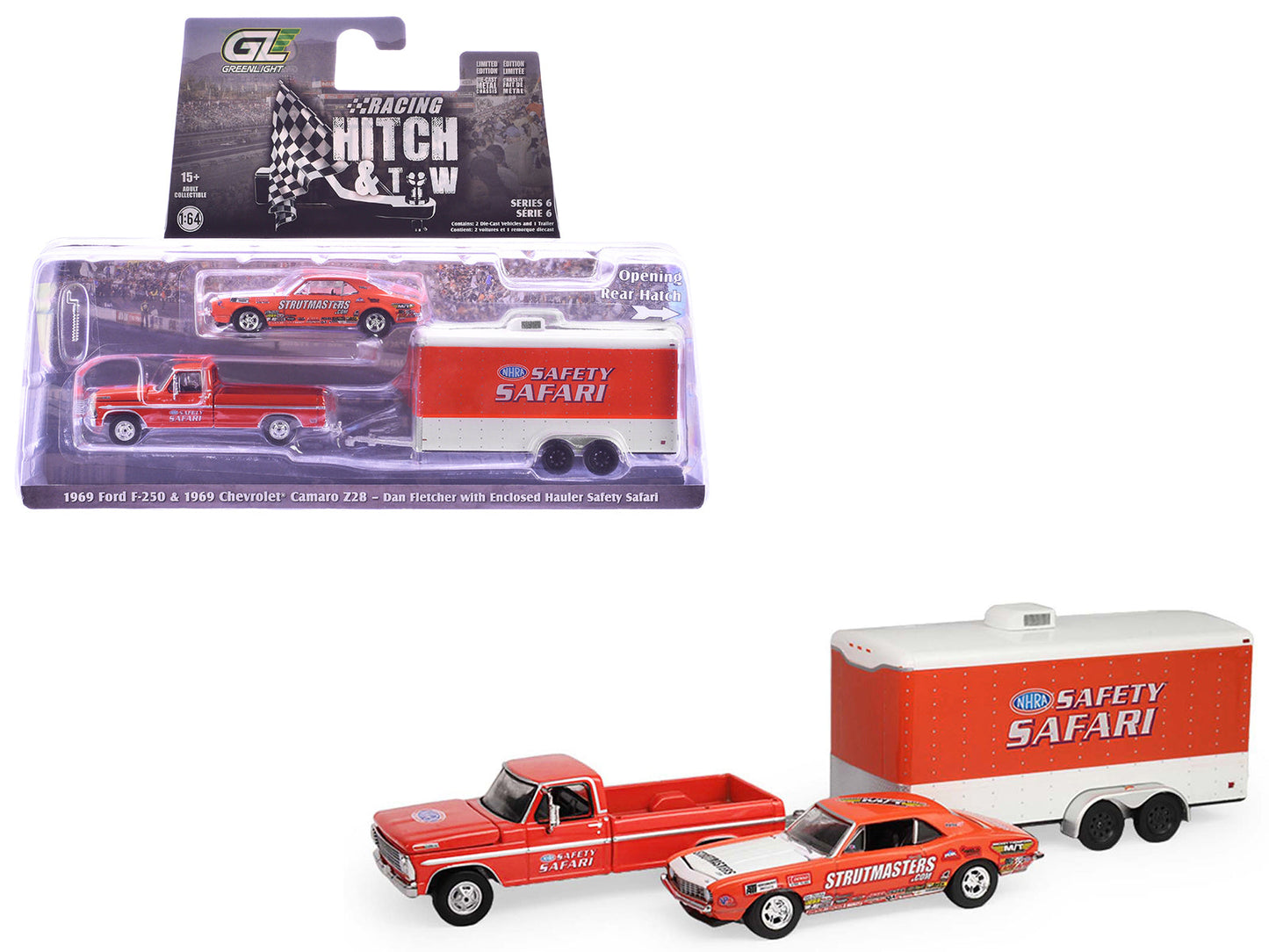 1969 Ford F-250 Pickup Truck Red and 1969 Chevrolet Camaro Z28 "Dan Fletcher" Orange with White Hood "NHRA Safety Team" with Enclosed Car Trailer "Racing Hitch & Tow" Series 6 1/64 Diecast Model Cars