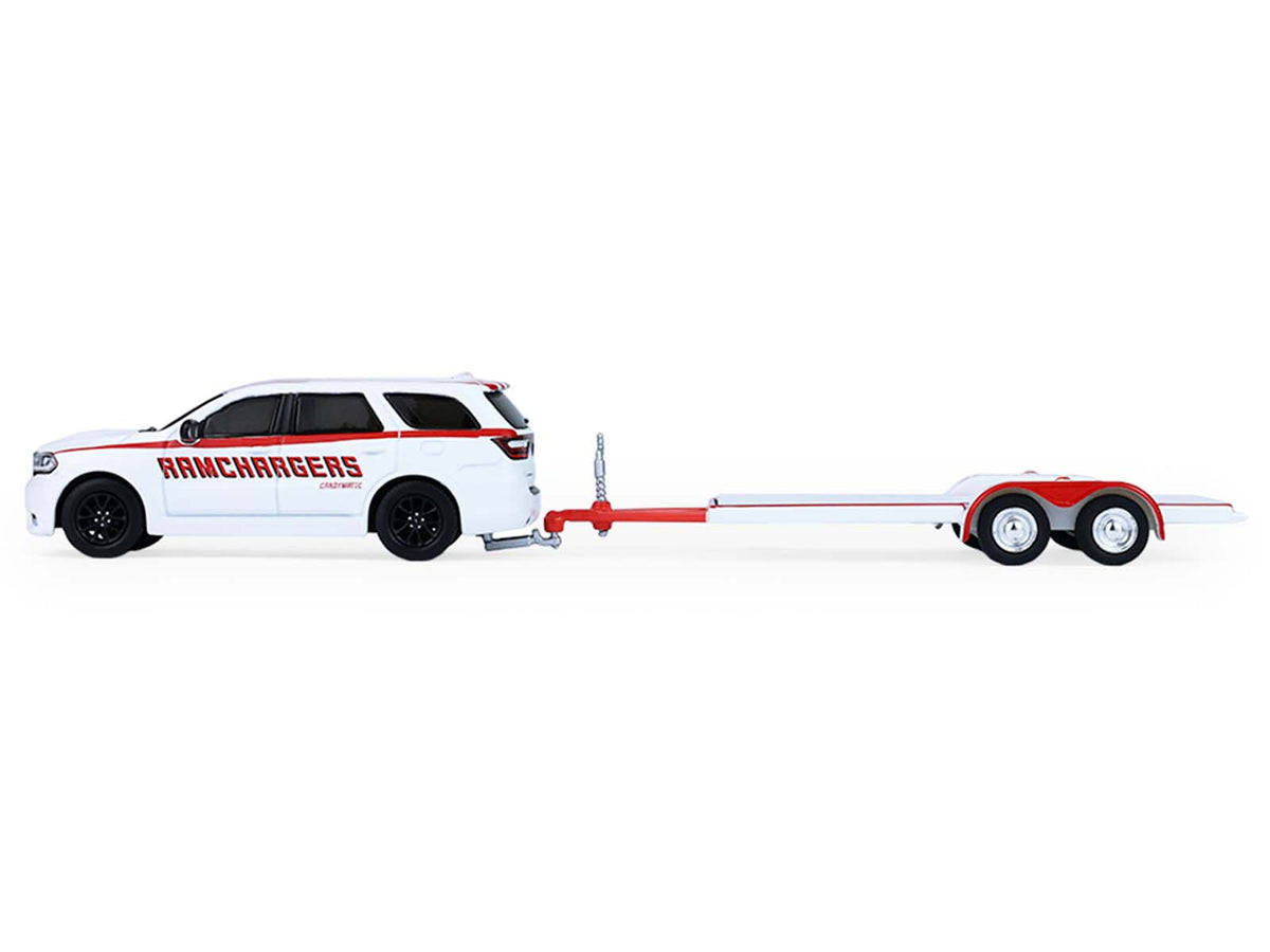2018 Dodge Durango White with Red Stripes and 2021 Dodge Challenger SRT White with Red Stripes "Ramchargers" with Flatbed Trailer "Racing Hitch & Tow" Series 6 1/64 Diecast Model Cars