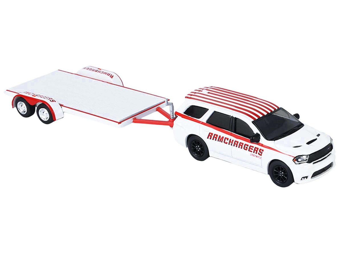 2018 Dodge Durango White with Red Stripes and 2021 Dodge Challenger SRT White with Red Stripes "Ramchargers" with Flatbed Trailer "Racing Hitch & Tow" Series 6 1/64 Diecast Model Cars