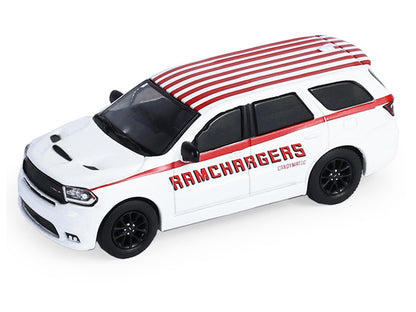 2018 Dodge Durango White with Red Stripes and 2021 Dodge Challenger SRT White with Red Stripes "Ramchargers" with Flatbed Trailer "Racing Hitch & Tow" Series 6 1/64 Diecast Model Cars