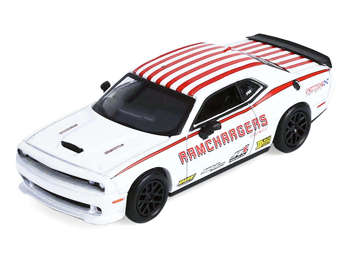 2018 Dodge Durango White with Red Stripes and 2021 Dodge Challenger SRT White with Red Stripes "Ramchargers" with Flatbed Trailer "Racing Hitch & Tow" Series 6 1/64 Diecast Model Cars