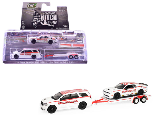 2018 Dodge Durango White with Red Stripes and 2021 Dodge Challenger SRT White with Red Stripes "Ramchargers" with Flatbed Trailer "Racing Hitch & Tow" Series 6 1/64 Diecast Model Cars