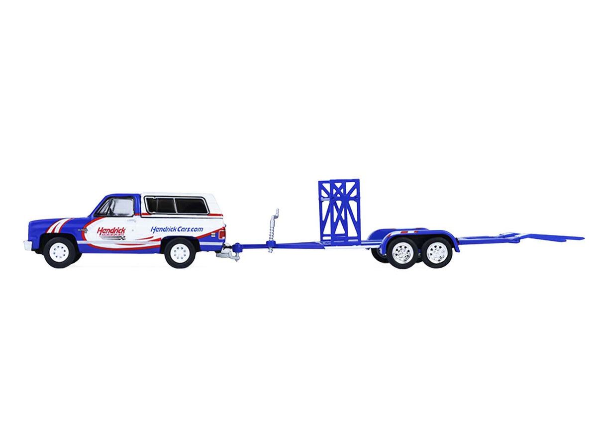 1986 Chevrolet K5 Blazer Blue and White and 1969 Chevrolet Camaro #5 Blue and White "Kyle Larson - Hendrick Motorsports" with Tandem Car Trailer "Racing Hitch & Tow" Series 6 1/64 Diecast Model Cars