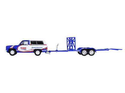 1986 Chevrolet K5 Blazer Blue and White and 1969 Chevrolet Camaro #5 Blue and White "Kyle Larson - Hendrick Motorsports" with Tandem Car Trailer "Racing Hitch & Tow" Series 6 1/64 Diecast Model Cars