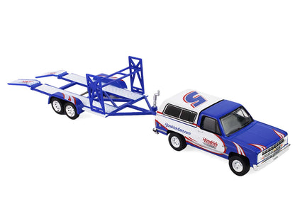 1986 Chevrolet K5 Blazer Blue and White and 1969 Chevrolet Camaro #5 Blue and White "Kyle Larson - Hendrick Motorsports" with Tandem Car Trailer "Racing Hitch & Tow" Series 6 1/64 Diecast Model Cars