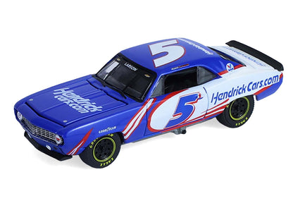 1986 Chevrolet K5 Blazer Blue and White and 1969 Chevrolet Camaro #5 Blue and White "Kyle Larson - Hendrick Motorsports" with Tandem Car Trailer "Racing Hitch & Tow" Series 6 1/64 Diecast Model Cars
