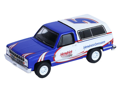 1986 Chevrolet K5 Blazer Blue and White and 1969 Chevrolet Camaro #5 Blue and White "Kyle Larson - Hendrick Motorsports" with Tandem Car Trailer "Racing Hitch & Tow" Series 6 1/64 Diecast Model Cars