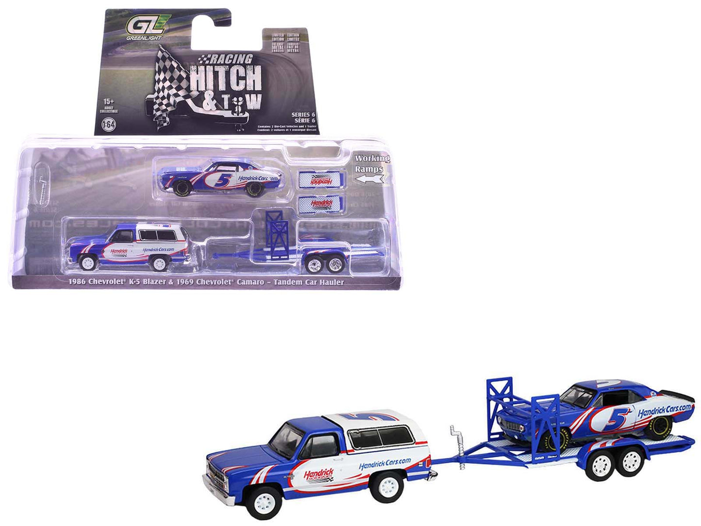 1986 Chevrolet K5 Blazer Blue and White and 1969 Chevrolet Camaro #5 Blue and White "Kyle Larson - Hendrick Motorsports" with Tandem Car Trailer "Racing Hitch & Tow" Series 6 1/64 Diecast Model Cars