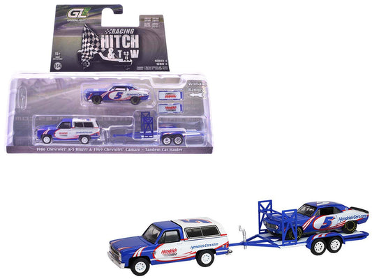 1986 Chevrolet K5 Blazer Blue and White and 1969 Chevrolet Camaro #5 Blue and White "Kyle Larson - Hendrick Motorsports" with Tandem Car Trailer "Racing Hitch & Tow" Series 6 1/64 Diecast Model Cars