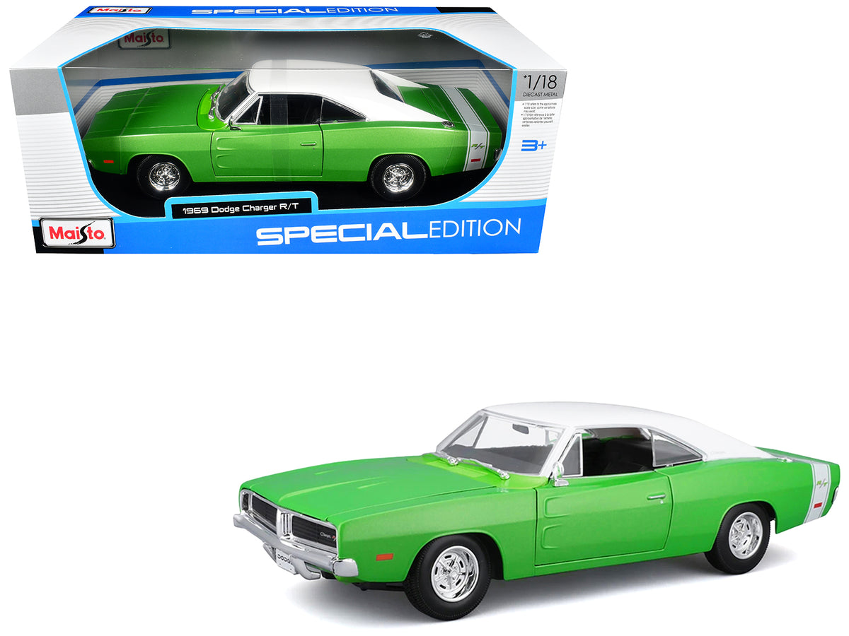 1969 Dodge Charger R/T Green Metallic with White Top and Tail Stripe "Special Edition" Series 1/18 Diecast Model Car