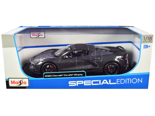 2020 Chevrolet Corvette Stingray C8 Dark Gray Metallic with Racing Stripes 1/18 Diecast Model Car