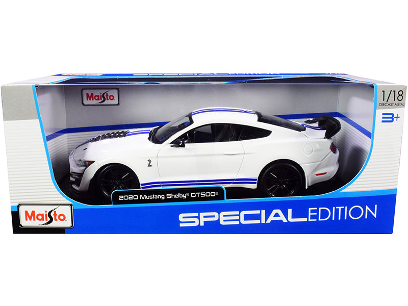 2020 Ford Mustang Shelby GT500 White with Blue Stripes "Special Edition" 1/18 Diecast Model Car