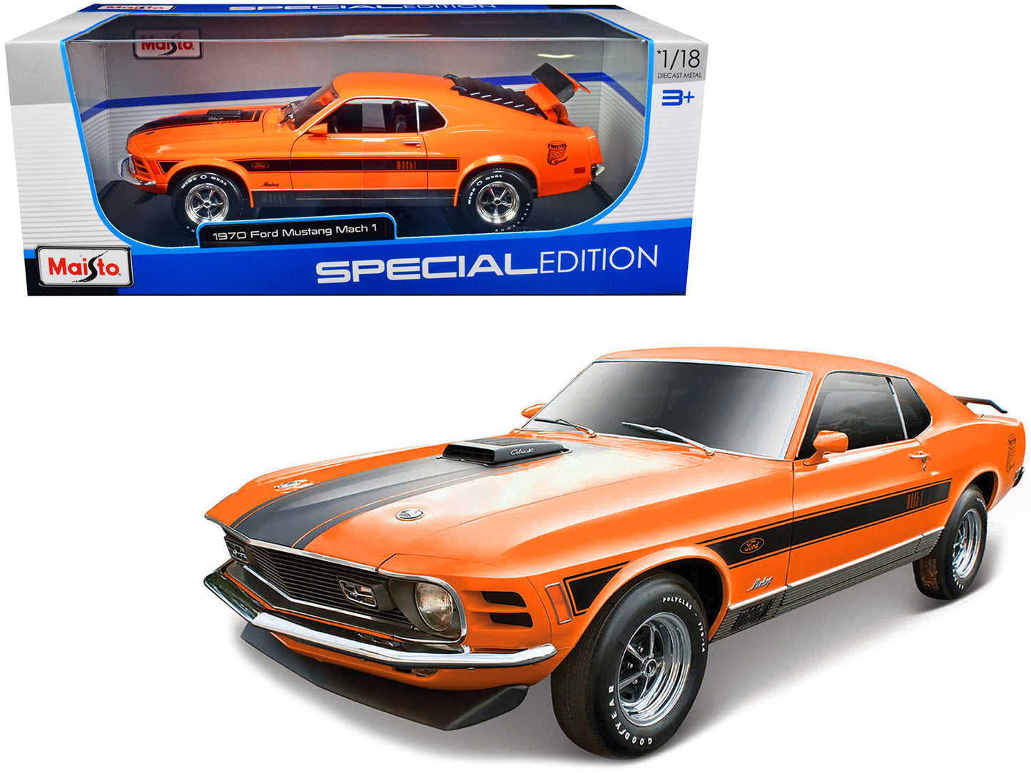 1970 Ford Mustang Mach 1 428 "Twister Special" Orange with Black Stripes "Special Edition" 1/18 Diecast Model Car