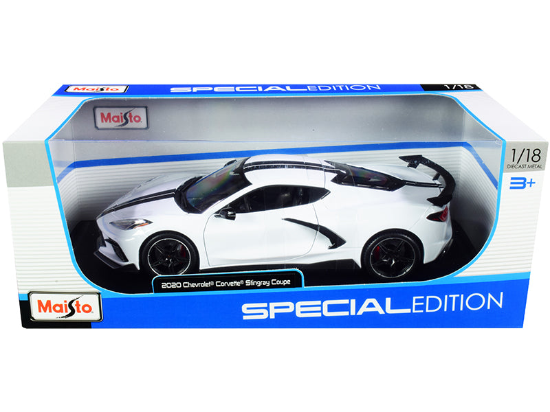 2020 Chevrolet Corvette Stingray C8 Coupe with High Wing White with Black Stripes 1/18 Diecast Model Car