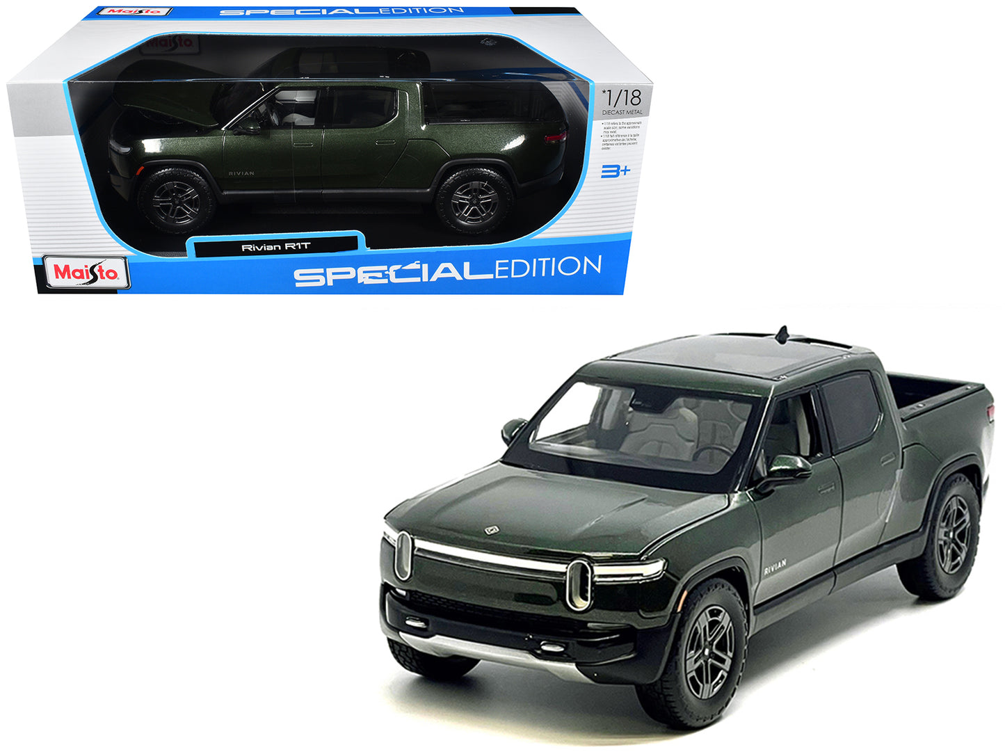 Rivian R1T Pickup Truck Dark Green Metallic with Sunroof "Special Edition" Series 1/18 Diecast Model Car