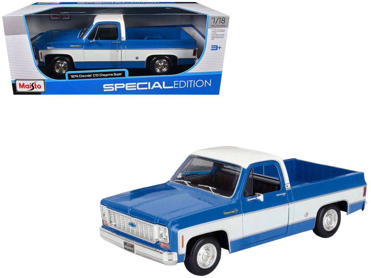 1974 Chevrolet C10 Cheyenne Super Pickup Truck Blue and White "Special Edition" Series 1/18 Diecast Model Car