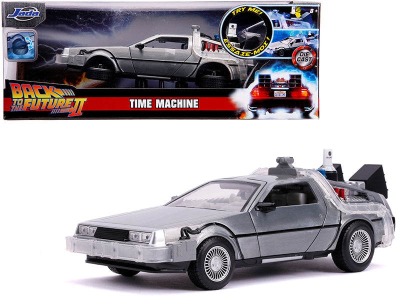 DeLorean Brushed Metal Time Machine with Lights (Flying Version) "Back to the Future Part II" (1989) Movie "Hollywood Rides" Series 1/24 Diecast Model Car