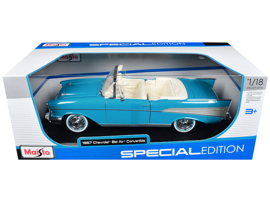 1957 Chevrolet Bel Air Convertible Blue with White Interior "Special Edition" Series 1/18 Diecast Model Car
