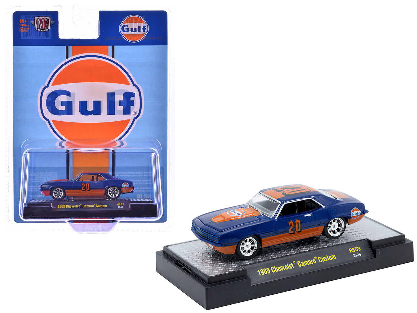 1969 Chevrolet Camaro Custom #20 "Gulf Oil" Dark Blue and Orange Limited Edition to 5500 pieces Worldwide 1/64 Diecast Model Car