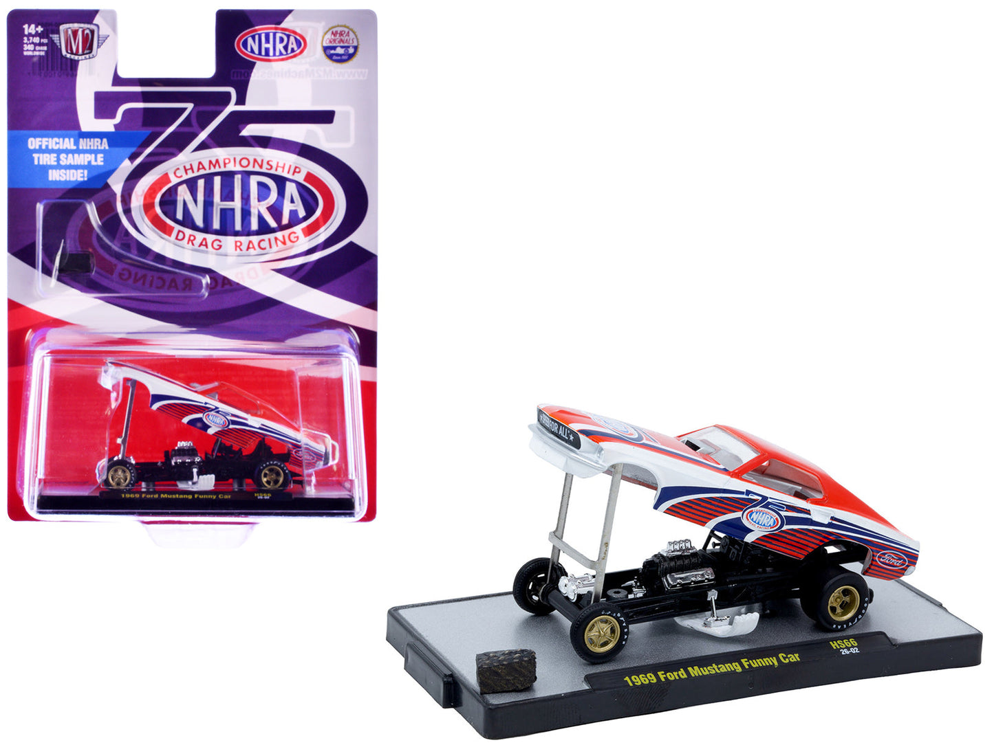 1969 Ford Mustang Funny Car "NHRA 75 Years" Red and White with Graphics Limited Edition to 3740 pieces Worldwide 1/64 Diecast Model Car