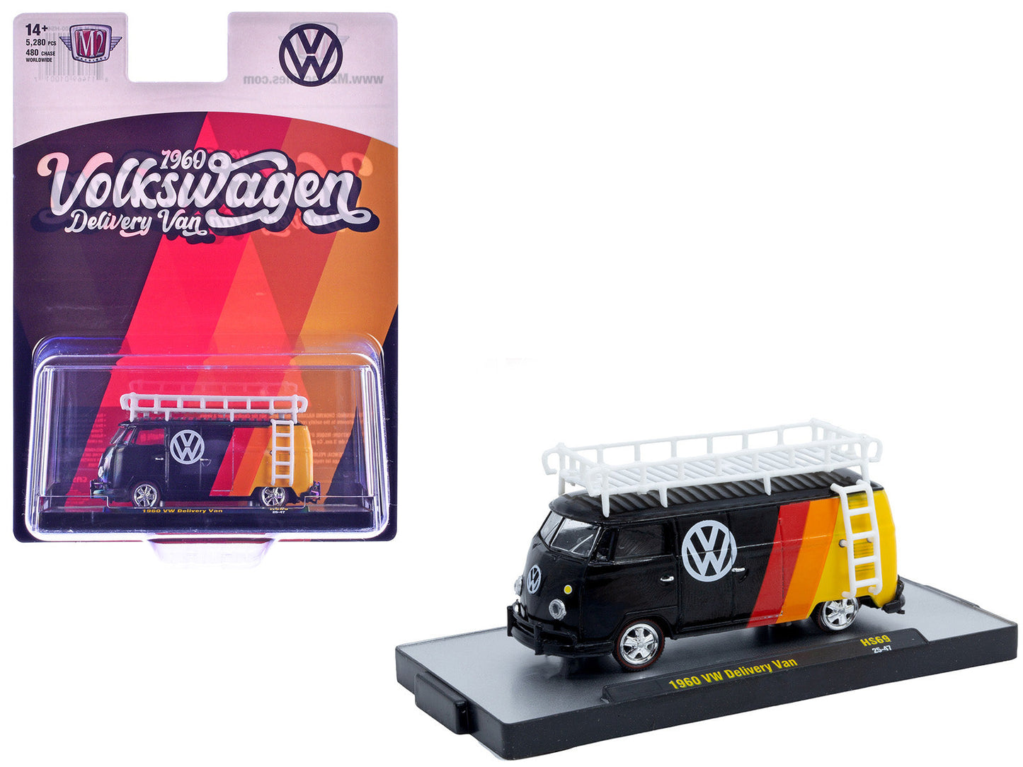 1960 Volkswagen Delivery Van Black with Stripes and White Roof Rack Limited Edition to 5280 pieces Worldwide 1/64 Diecast Model Car