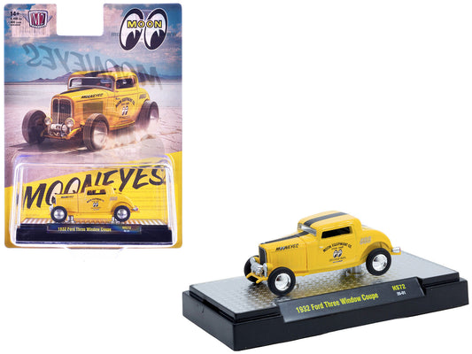 1932 Ford Three-Window Coupe "MoonEyes" Yellow with Black Stripe Limited Edition to 4400 pieces Worldwide 1/64 Diecast Model Car