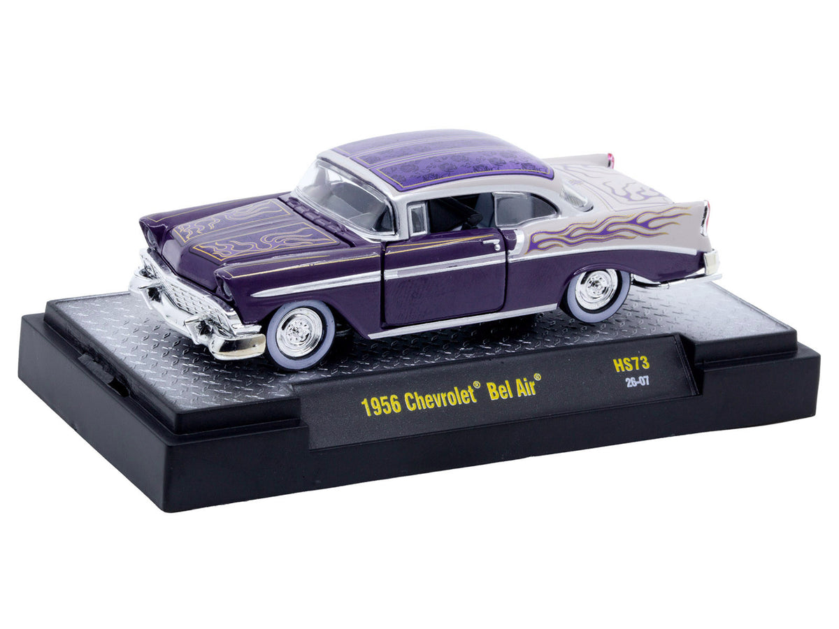 1956 Chevrolet Bel Air "Low and Slow" Purple Two-Tone with Graphics Limited Edition to 5500 pieces Worldwide 1/64 Diecast Model Car