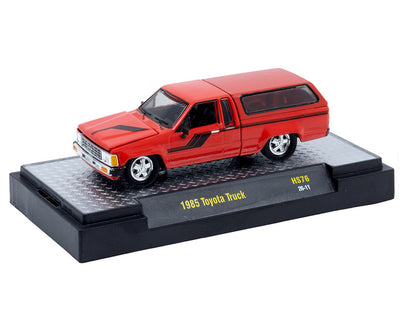 1985 Toyota SR5 Pickup Truck with Camper Shell Red with Black Stripes Limited Edition to 19844 pieces Worldwide 1/64 Diecast Model Car