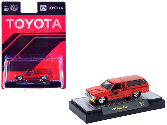 1985 Toyota SR5 Pickup Truck with Camper Shell Red with Black Stripes Limited Edition to 19844 pieces Worldwide 1/64 Diecast Model Car