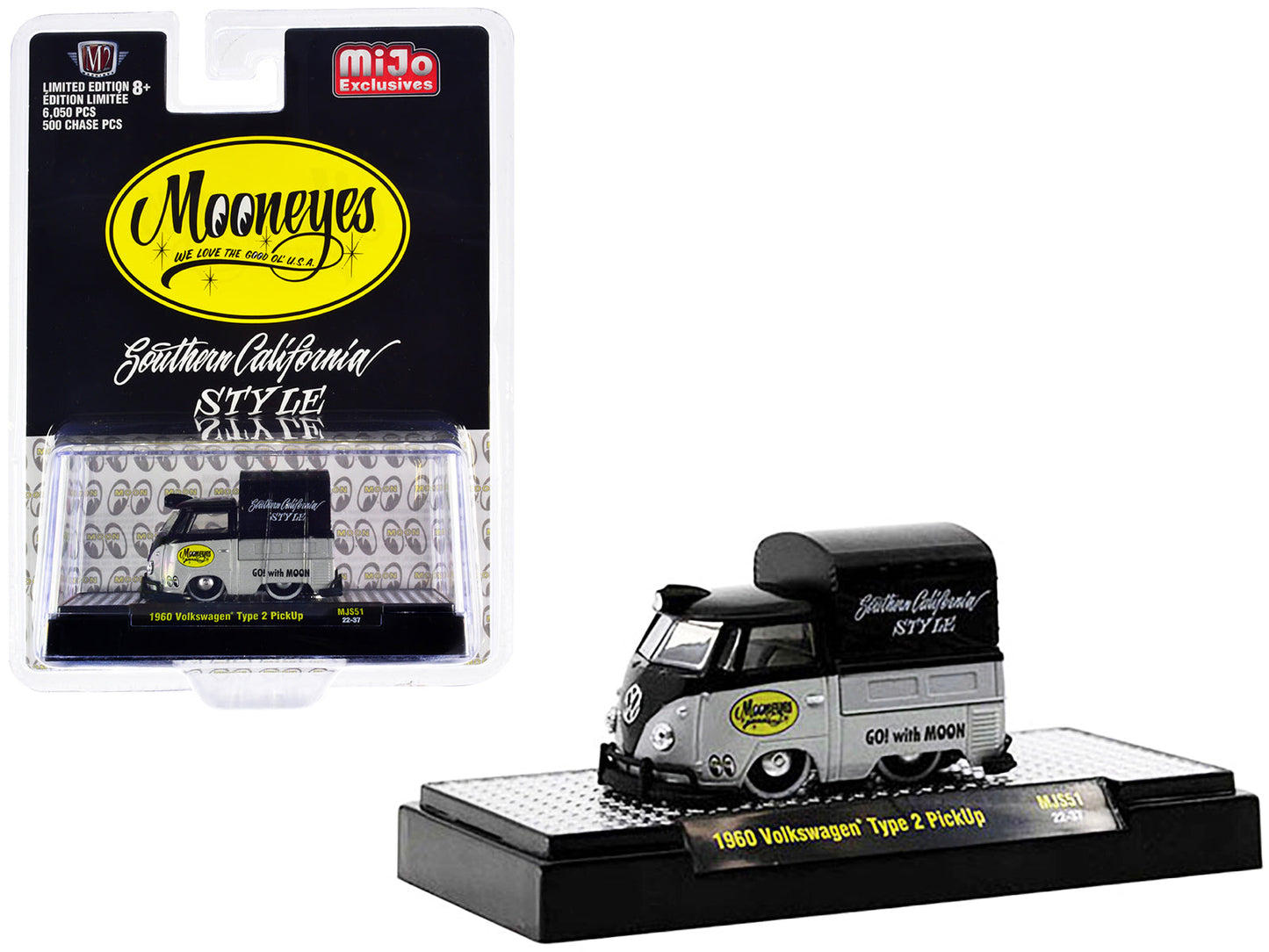1960 Volkswagen Type 2 Pickup Truck with Canvas Cover "Mooneyes Southern California Style" Black and Gray Limited Edition to 6050 pieces Worldwide 1/64 Diecast Model Car