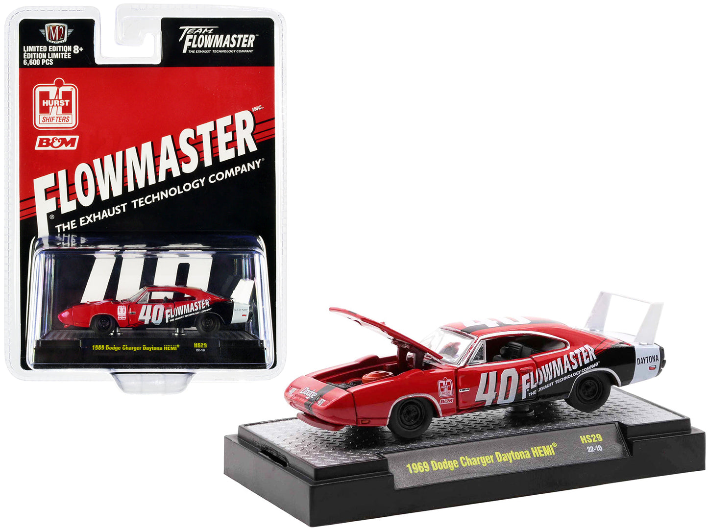 1969 Dodge Charger Daytona HEMI #40 Red with Graphics "Flowmaster" Limited Edition to 6600 pieces Worldwide 1/64 Diecast Model Car