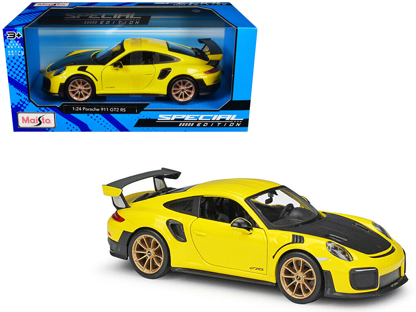 Porsche 911 GT2 RS Yellow with Carbon Hood and Gold Wheels "Special Edition" 1/24 Diecast Model Car