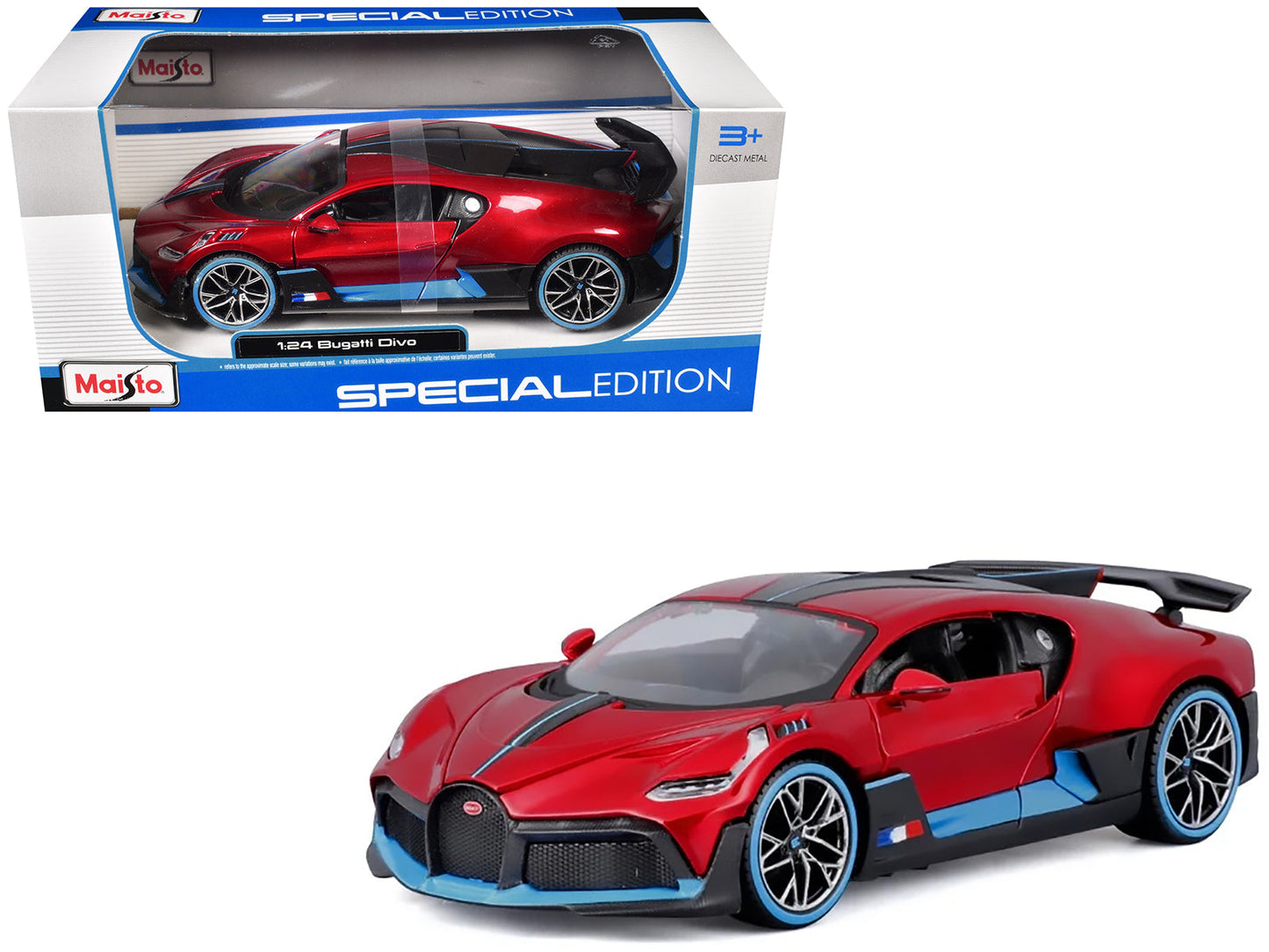 Bugatti Divo Red Metallic with Carbon and Blue Accents "Special Edition" 1/24 Diecast Model Car