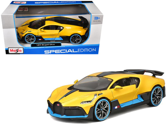 Bugatti Divo Yellow Metallic with Carbon and Blue Accents "Special Edition" 1/24 Diecast Model Car