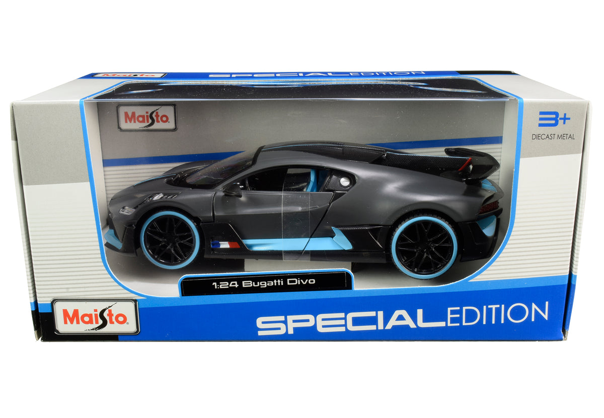 Bugatti Divo Satin Charcoal Gray with Carbon and Blue Accents "Special Edition" 1/24 Diecast Model Car