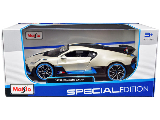 Bugatti Divo Satin White Metallic with Carbon and Blue Accents "Special Edition" 1/24 Diecast Model Car