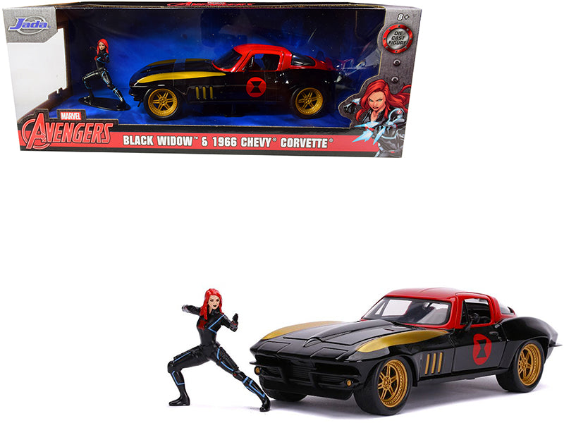 1966 Chevrolet Corvette with Black Widow Diecast Figurine "Avengers" "Marvel" Series 1/24 Diecast Model Car